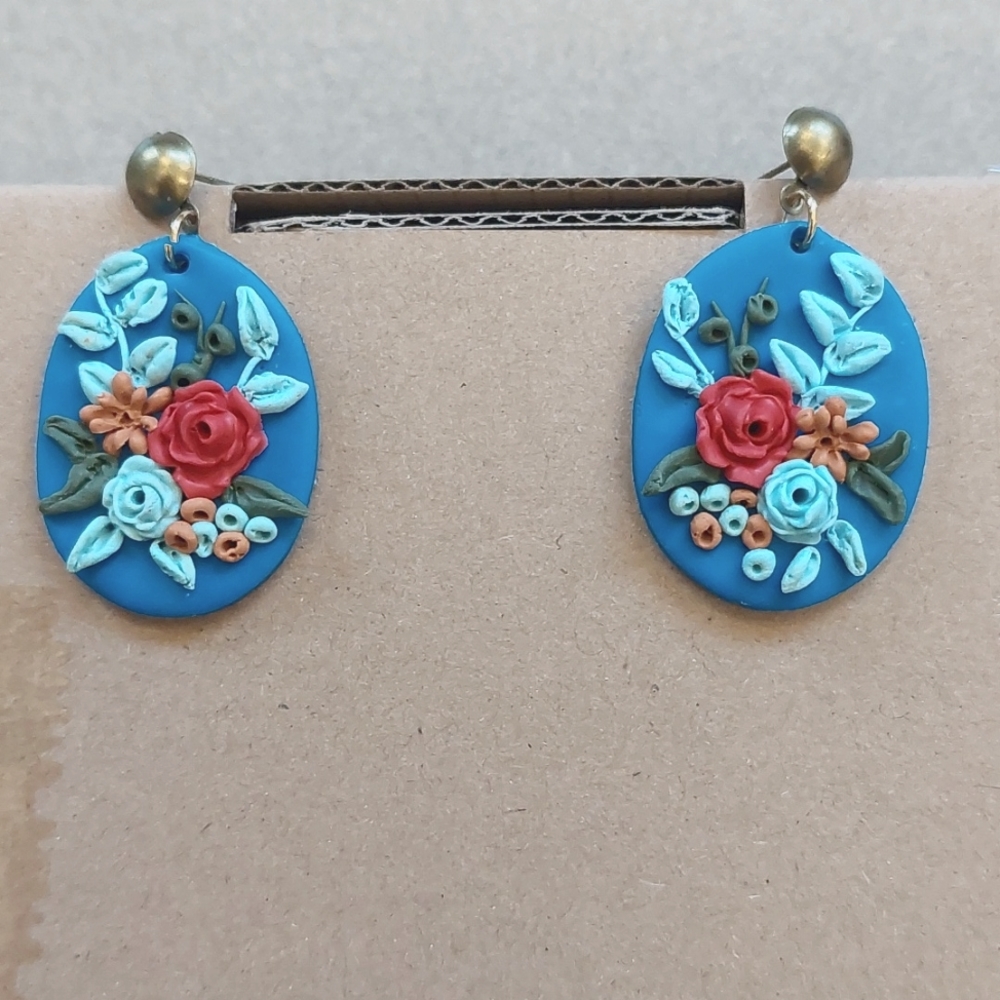 Vintage style blue floral polymer clay earrings! Handmade one of a kind! New